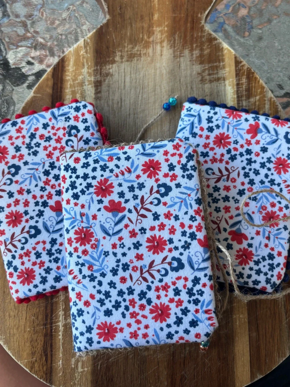 Handmade Fabric Covered Mini Journals Floral Red & Blue Size 4.75x3.5 60 Pages